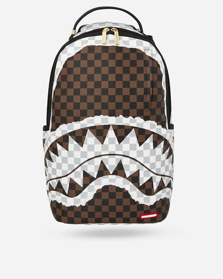 SPRAYGROUND CREAM AND BROWN TEAR CHECK BACKPACK<BR/> 